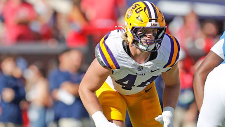 LSU Tigers defensive end Jack Pyburn (44) looks to rush the passer during the college football game against the Ole Miss Rebels