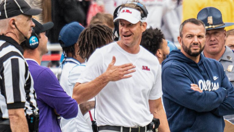 Ole Miss Rebels coach Lane Kiffin on the sidelines against the Arkansas Razorbacks in Fayetteville, Ark.
