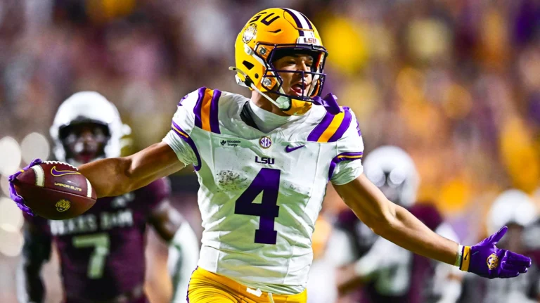 LSU Tigers wide receiver Jackson Harris celebrates score against the Texas A&M Aggies on Saturday night in Tiger Stadium